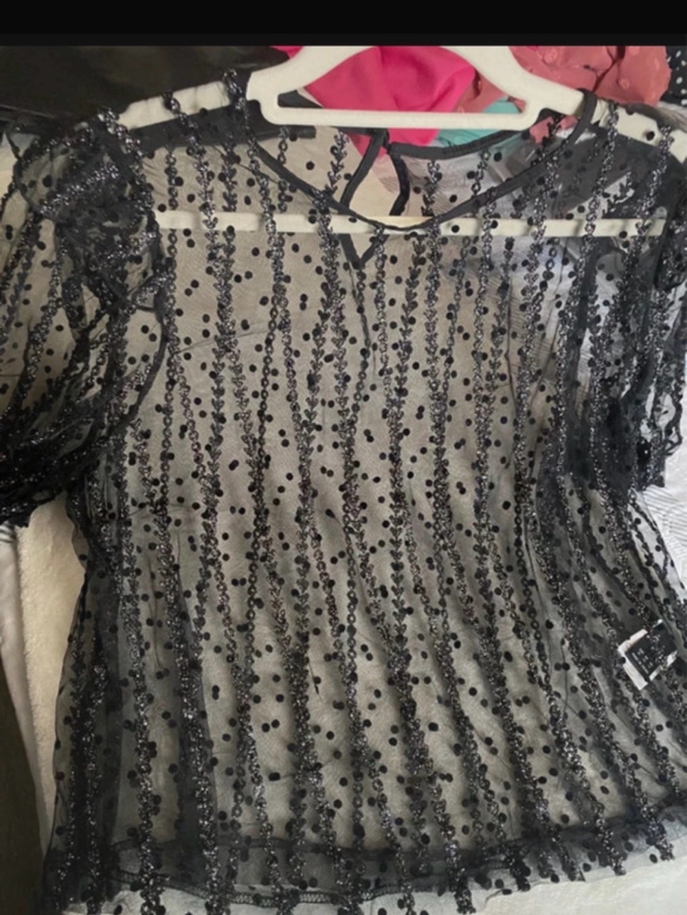 Women's Black Sheer Sequin Stripe Blouse. Shiny and cute. New!